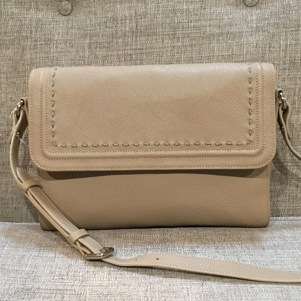 Soprano Genuine Pebbled Leather Taupe Flap Minimalist Shoulder Front Stitch Bag